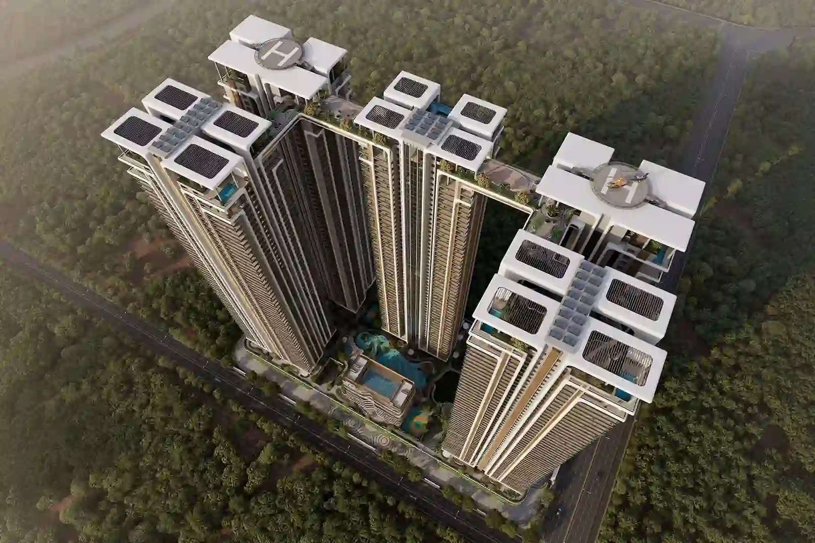 Representative aerial render of a business centre tower cluster for Dharavi, Mumbai
