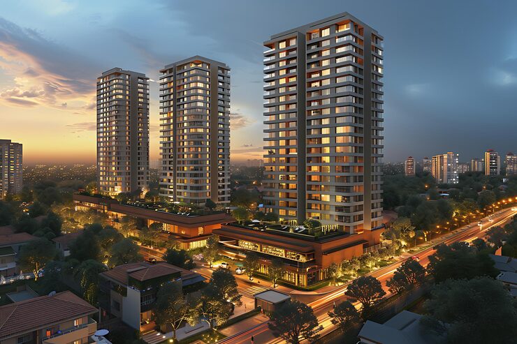 Representative render of a retail podium with residential towers for Dharavi, Mumbai